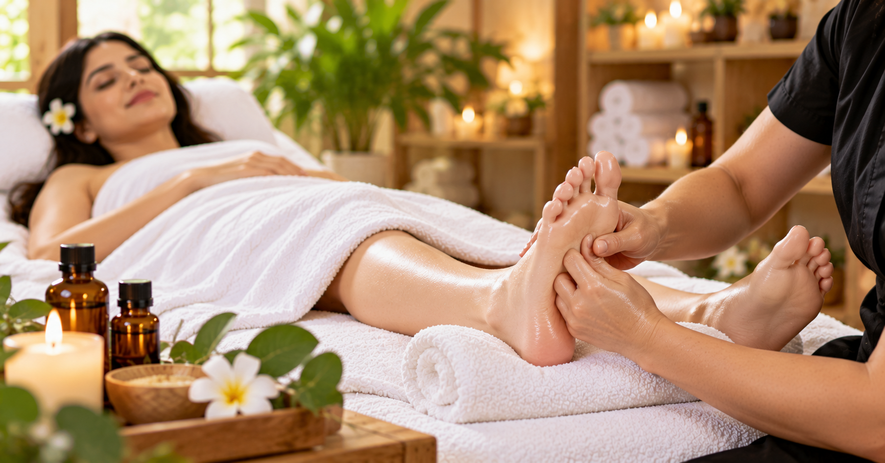 Foot massage performed by a professional massage provider in a relaxing setting