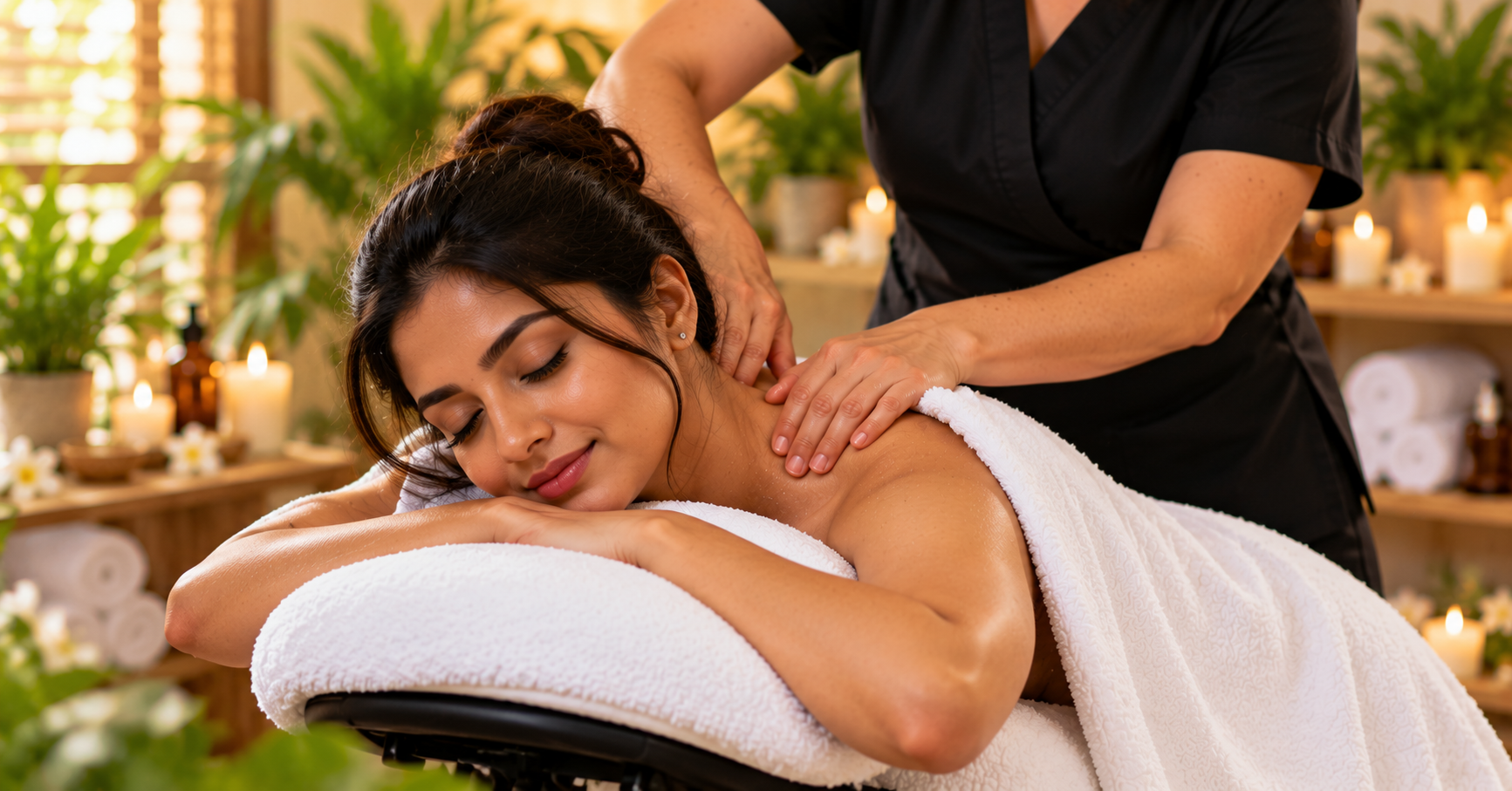 Head and shoulder massage focused on the neck and shoulders in a professional setting